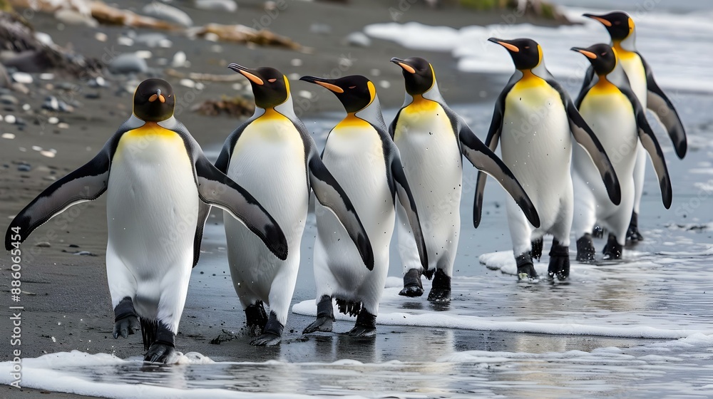Obraz premium King penguins walking at St. Andrews beach