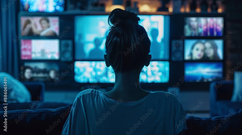 Woman watching multiple tv screens in dark room Woman watching multiple tv screens in dark room