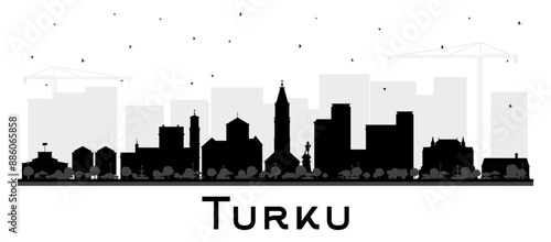 Turku Finland city skyline silhouette with black buildings isolated on white. Turku cityscape with landmarks. Business and tourism concept with modern and historic architecture.