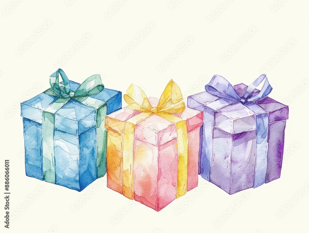 Birthday gift boxes, wrapped with ribbons, variety of colors, watercolor style Birthday gift boxes, wrapped with ribbons, variety of colors, watercolor style