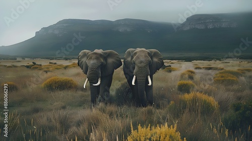African elephant bulls in a field in Eastern Cape, South Africa