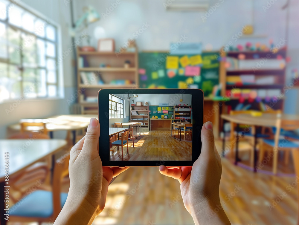 Teacher holding tablet in school class. Teacher holding tablet in school class.