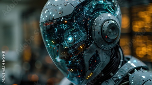 High-resolution image of an AI-driven humanoid with translucent skin, revealing intricate mechanical components and neon accents in a dark tech lab