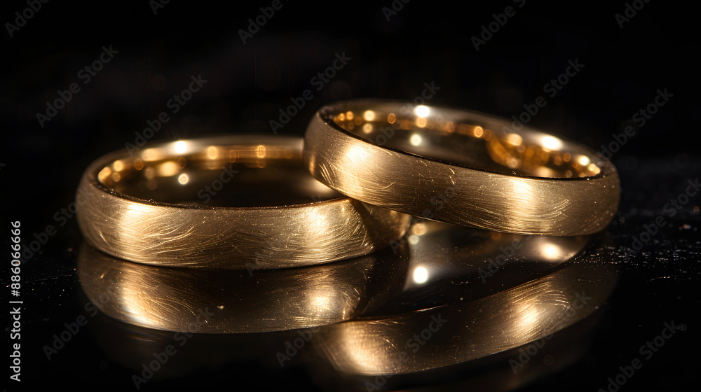 A close-up image of two gold wedding bands placed on a black reflective surface, highlighting their elegance and timeless beauty. A close-up image of two gold wedding bands placed on a black reflective surface, highlighting their elegance and timeless beauty.