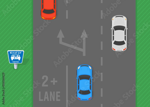 Safe driving tips and traffic regulation rules. Top view of a traffic flow on motorway. End of high occupancy vehicle lane. Flat vector illustration template.
