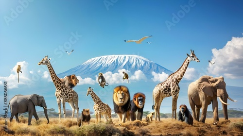 Group of African animals - giraffe, lion, elephant