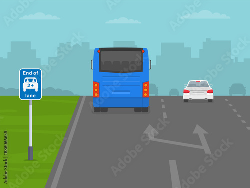 Safe driving tips and traffic regulation rules. Back view of a bus on motorway. End of high occupancy vehicle lane. Flat vector illustration template.
