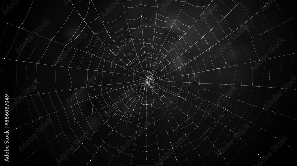 Eerie halloween cobweb and spiders on dark black background for a chilling atmosphere Eerie halloween cobweb and spiders on dark black background for a chilling atmosphere