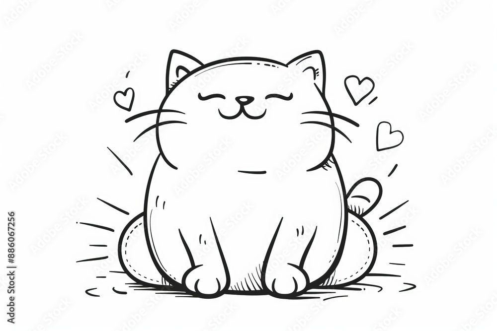 Obraz premium Cute cat, black and white coloring doodle, cartoon-style simply drawing