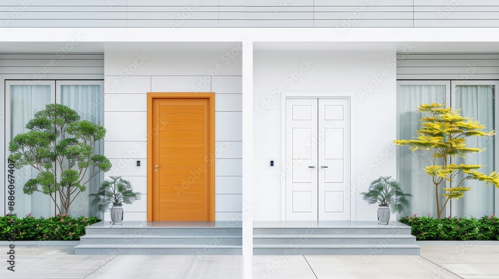 Fototapeta premium A white door with a wooden frame is in front of a white wall