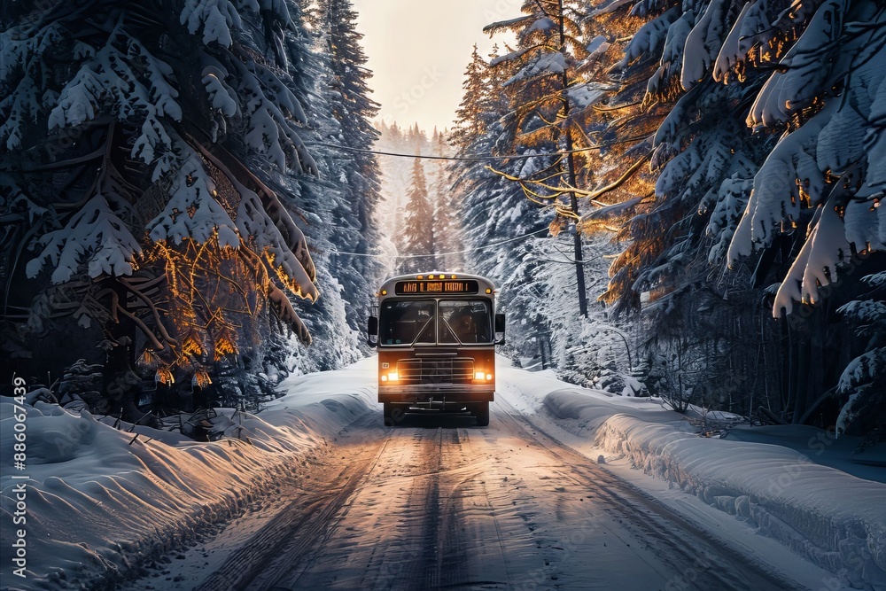 Obraz premium Snowy forest road with a bus