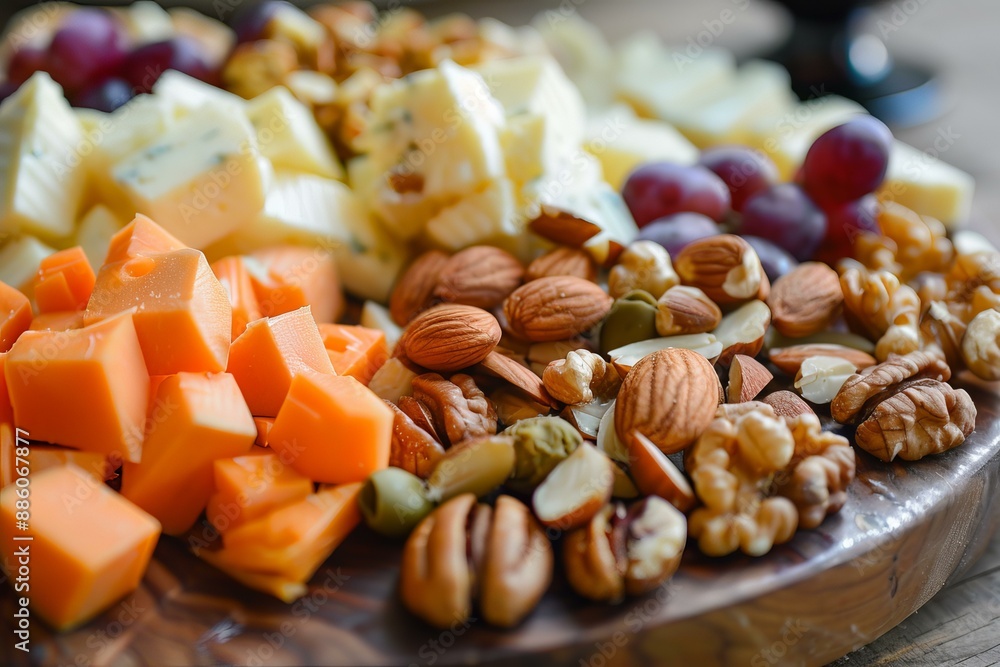 Wooden cheese board is laden with an assortment of gourmet cheeses, nuts, and grapes Wooden cheese board is laden with an assortment of gourmet cheeses, nuts, and grapes