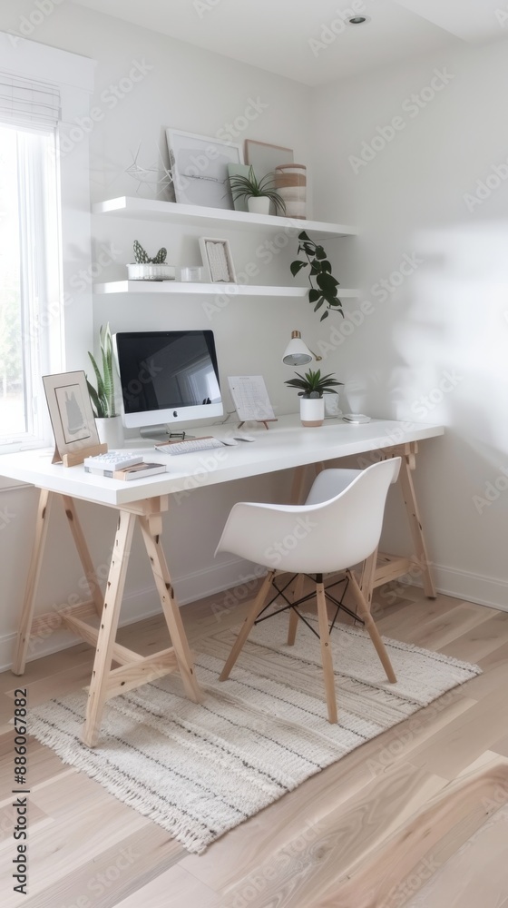 A cozy Scandinavian-style home office setup with a white desk, computer, wooden shelves, potted plants, and decor that offers a comfortable and productive working environment. A cozy Scandinavian-style home office setup with a white desk, computer, wooden shelves, potted plants, and decor that offers a comfortable and productive working environment.