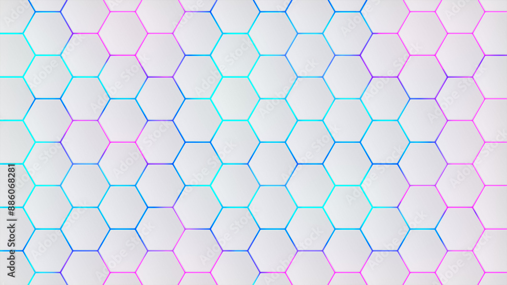 Hexagons pattern on a white background. Colored honeycombs on a light gradient. Geometric digital shape. Vector linear structure of a wasp's nest. Technological clean template. White wall neon Hexagons pattern on a white background. Colored honeycombs on a light gradient. Geometric digital shape. Vector linear structure of a wasp's nest. Technological clean template. White wall neon