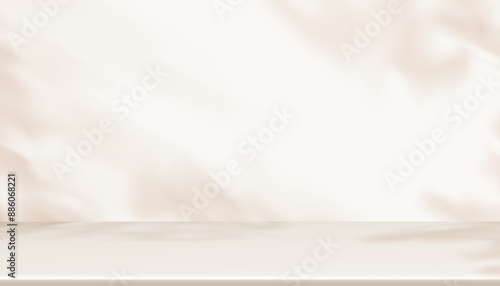 Background White Wall Studio with Shadow Leaves, light Beige floor for Autumn Product Present,Empty Kitchen Room with Podium Display,Top Shelf Bar,Backdrop blank interior countertop for Winter