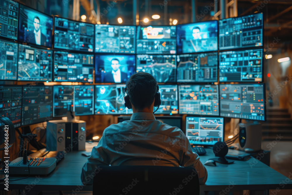The man watching the surveillance screen The man watching the surveillance screen