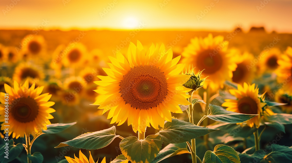 Sunflowers on Sunset Field in Sunshine