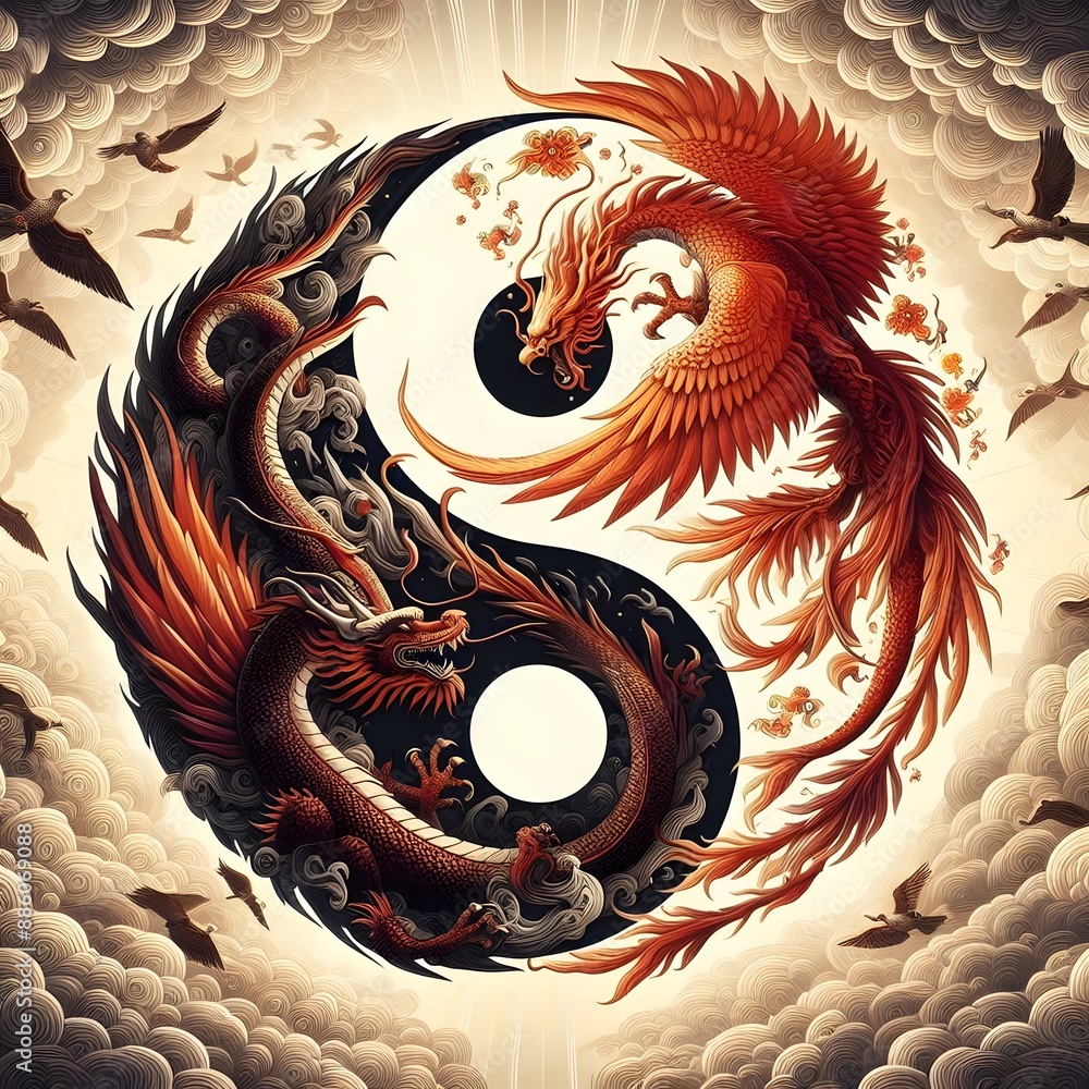 custom made wallpaper toronto digitalAI Generate A Dragon and Phoenix flying in circle create a yin yang pattern	