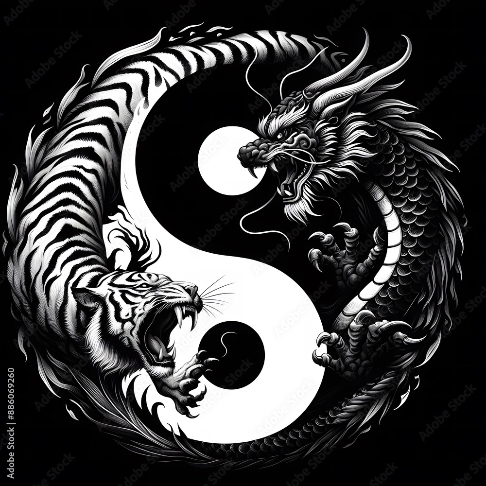custom made wallpaper toronto digitalAI Generate A Dragon and Tiger fighting in circle create a yin yang pattern, in black and white pattern