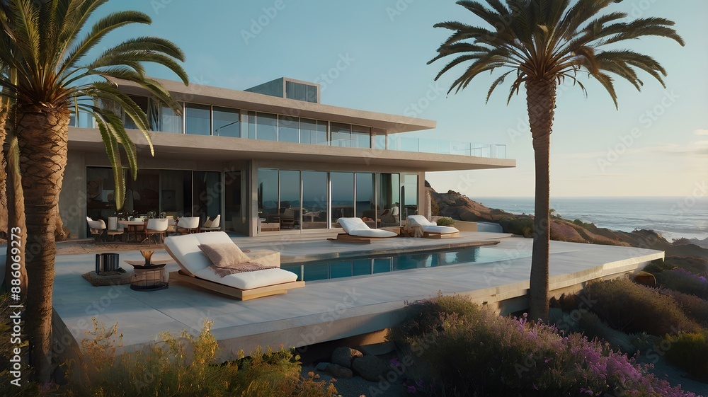 Fototapeta premium resort at the sunny day with shiny look near the beach of sea near the palm trees