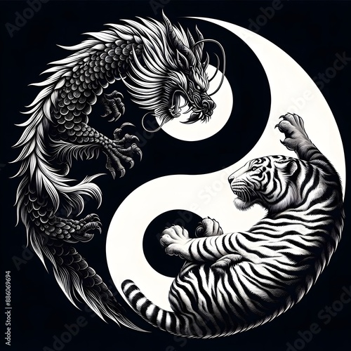 AI Generate A Dragon and Tiger fighting in circle create a yin yang pattern, in black and white pattern