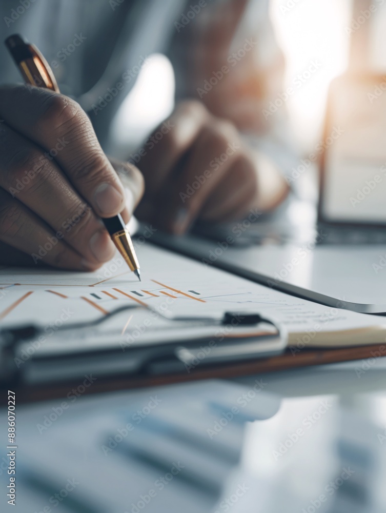 A financial advisor s hand writing notes on a financial planning notebook, with various charts and graphs nearby, and room for text. A financial advisor s hand writing notes on a financial planning notebook, with various charts and graphs nearby, and room for text.