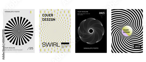 Posters with silhouette minimalistic basic figures, extraordinary graphic assets of geometrical shapes swirl style. Modern minimal monochrome print brutalist.