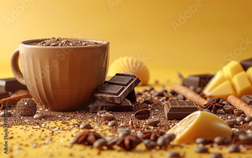 A cup of hot chocolate surrounded by an assortment of sweet ingredients like chocolate bars, spices, and sweets, on a bright yellow background, evoking warmth and indulgence. photo