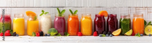 Assorted colorful fresh fruit and vegetable juices in glass jars with various fruits and leafy garnishes on a white wooden surface.