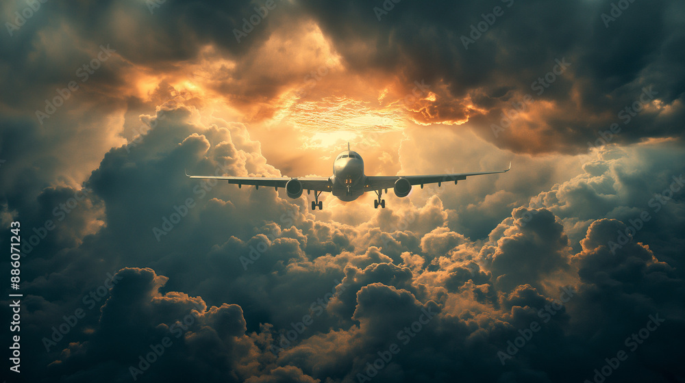 An airplane flying amidst a dramatic sky filled with dark, ominous clouds. The plane is captured in a side view, with its landing gear down, suggesting it might be approaching for landing
An airplane flying amidst a dramatic sky filled with dark, ominous clouds. The plane is captured in a side view, with its landing gear down, suggesting it might be approaching for landing
