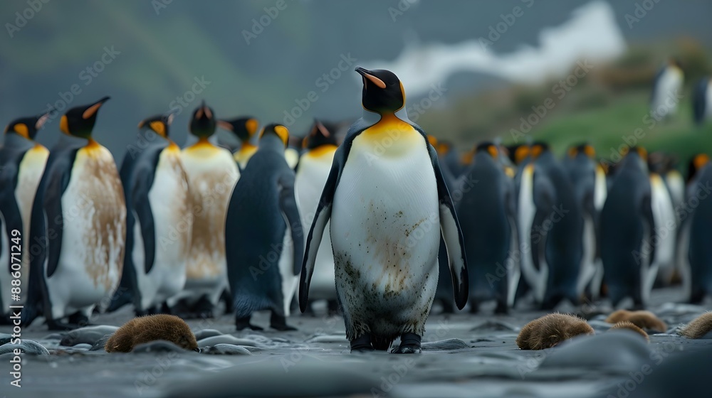 Obraz premium King penguin making way through a group of penguins