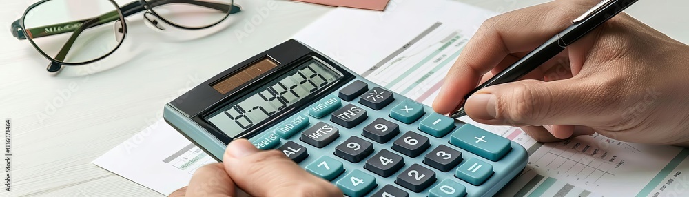 Closeup of hands analyzing a business report with a calculator and glasses on the desk Closeup of hands analyzing a business report with a calculator and glasses on the desk