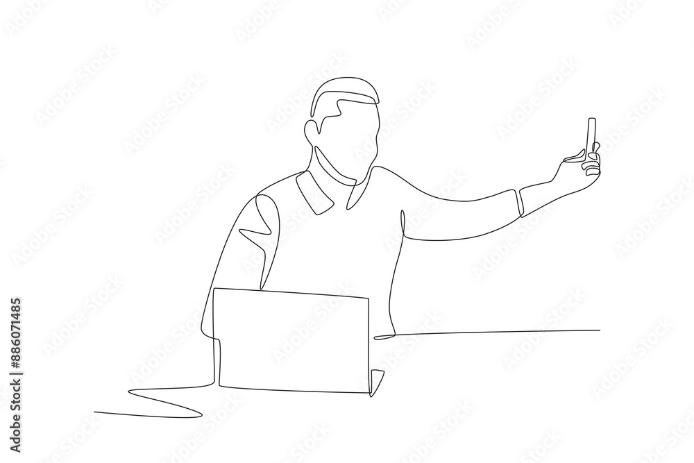 Man teaching using chalk while studying online. Online education concept one-line drawing Man teaching using chalk while studying online. Online education concept one-line drawing