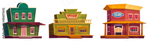 Wild west town buildings set isolated on white background. Vector cartoon illustration of retro wooden hotel, store, saloon houses with old windows, door, porches, american texas city street elements