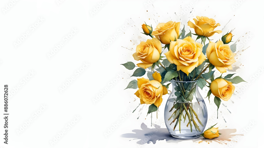 Oil painting effect bouquet vibrant yellow roses glass vase white background creative detailed brush stroke minimal splash Oil painting effect bouquet vibrant yellow roses glass vase white background creative detailed brush stroke minimal splash