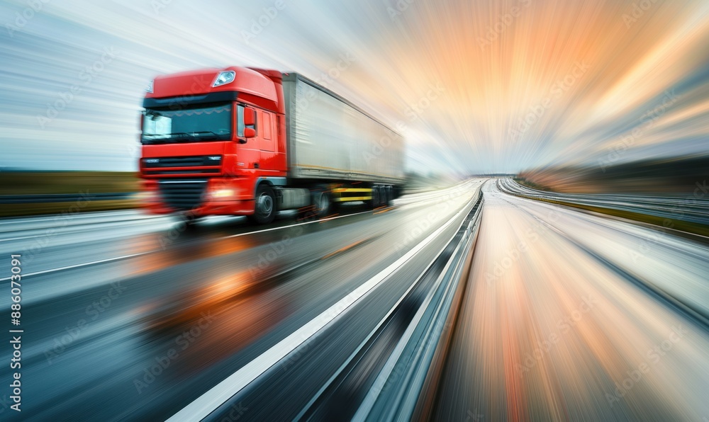 Speeding Truck on Highway. Truck in Motion. Fast Moving Semi Truck. for transportation, logistics, automotive themes, freight, delivery, commercial transportation, trucking industry, highway scenes. Speeding Truck on Highway. Truck in Motion. Fast Moving Semi Truck. for transportation, logistics, automotive themes, freight, delivery, commercial transportation, trucking industry, highway scenes.