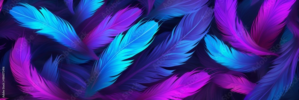 A pattern of blue and purple feathers on a dark background A pattern of blue and purple feathers on a dark background