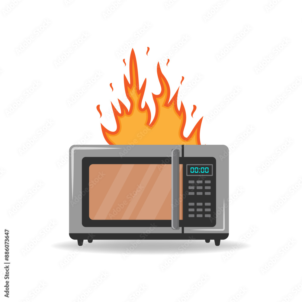 Microwave's on fire. The flames in the kitchen. Problem with household appliances. Repair and breakdown of the device trouble cooking. Dangerous fire situation.