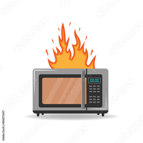 Obraz na płótnie Microwave's on fire. The flames in the kitchen. Problem with household appliances. Repair and breakdown of the device trouble cooking. Dangerous fire situation. w salonie