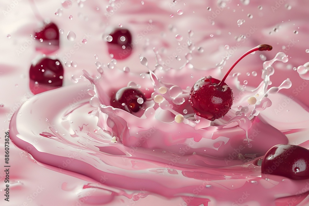 Red cherries splashing into pink liquid creating a crown splash Red cherries splashing into pink liquid creating a crown splash
