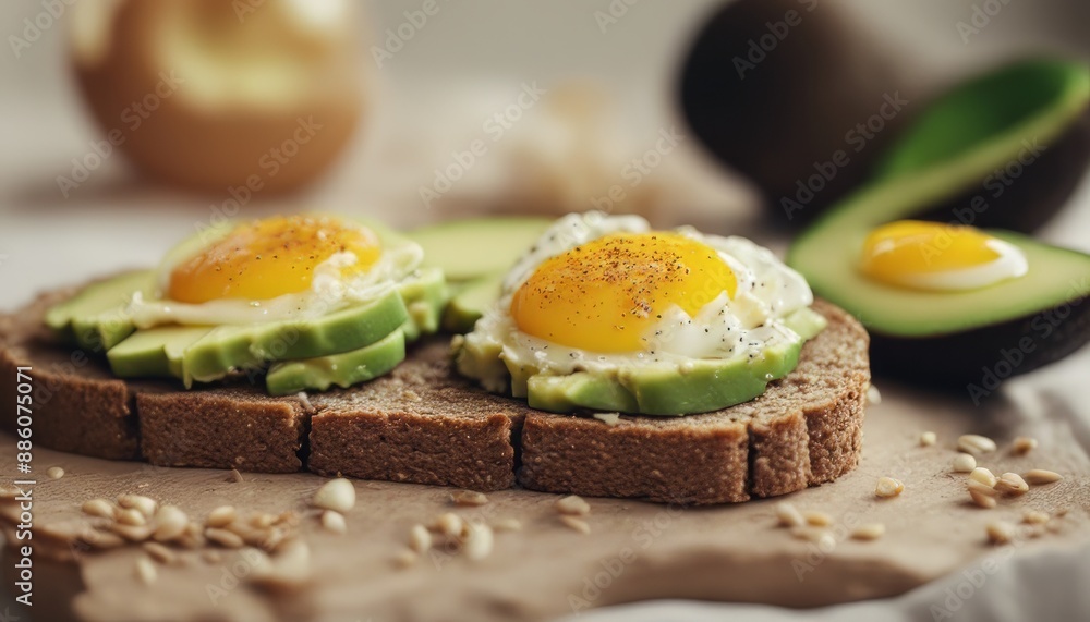 Avocado slices and eggs on rye bread with sesame Avocado slices and eggs on rye bread with sesame