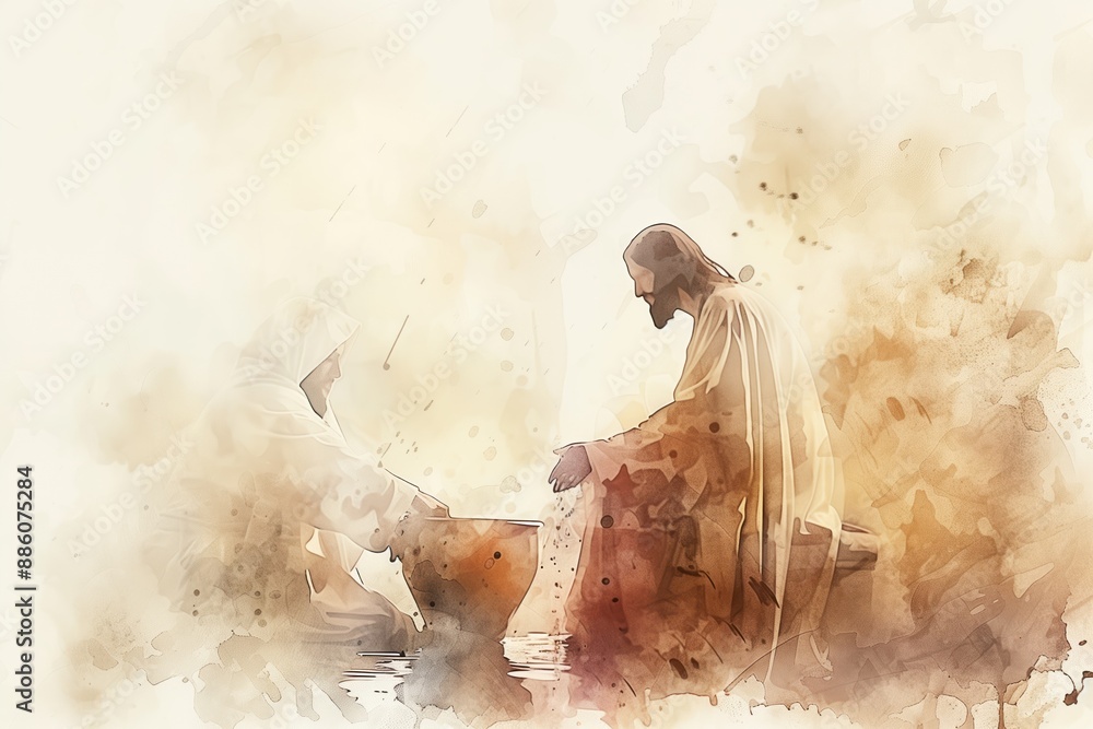 Obraz premium Jesus washing feet illustration on Maundy Holy Thursday. Two figures in religious context, kneeling and standing. Watercolor style with neutral background, beige colors. Dreamy atmosphere.