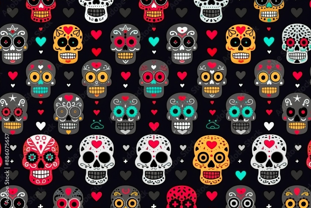 Mexican skulls background in different colors, with red and white hearts Mexican skulls background in different colors, with red and white hearts