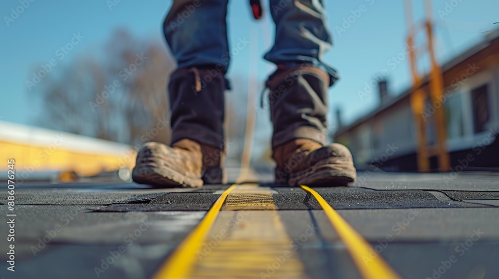 A pair of worn boots stand on a yellow line, with a train in the background, symbolizing a journey ahead. A pair of worn boots stand on a yellow line, with a train in the background, symbolizing a journey ahead.