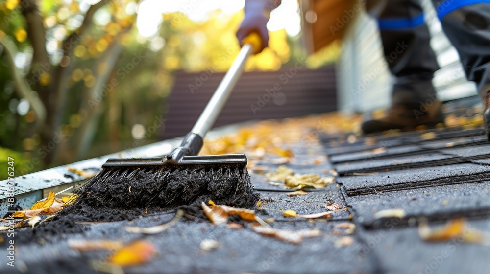 A person sweeps leaves off a roof with a long-handled brush. A person sweeps leaves off a roof with a long-handled brush.