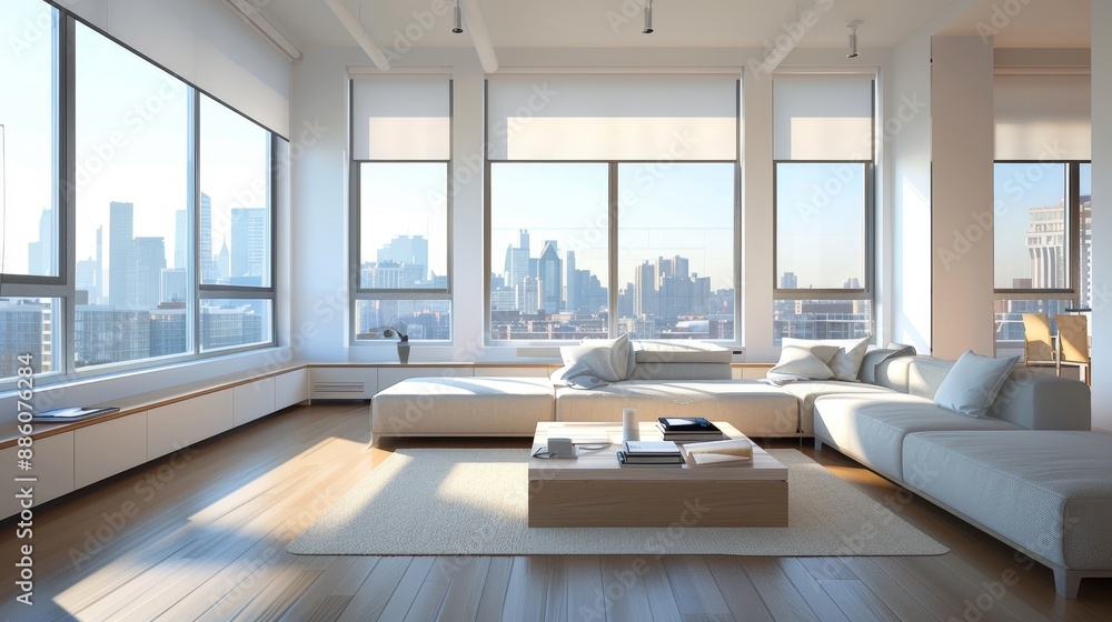 A large, open living room with a white couch, a coffee table, and a potted plant A large, open living room with a white couch, a coffee table, and a potted plant