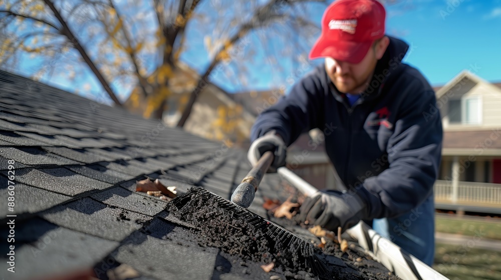A roofer cleans gutters on a residential home with a leaf rake. A roofer cleans gutters on a residential home with a leaf rake.