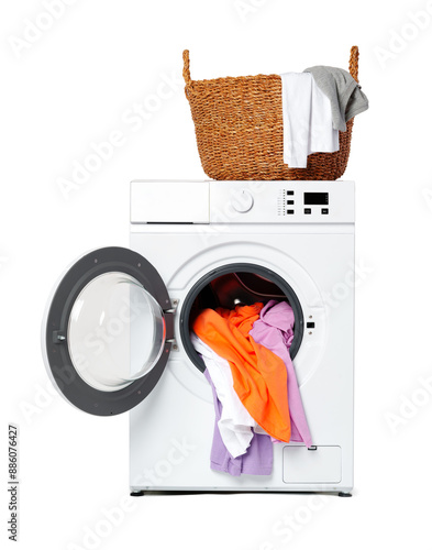 White Front Load Washing Machine With Clothes Inside and Laundry Detergent photo