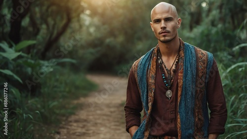 young handsome bald guy model posing with bohemian style clothing outdoor pictorial photoshoot © SevenThreeSky