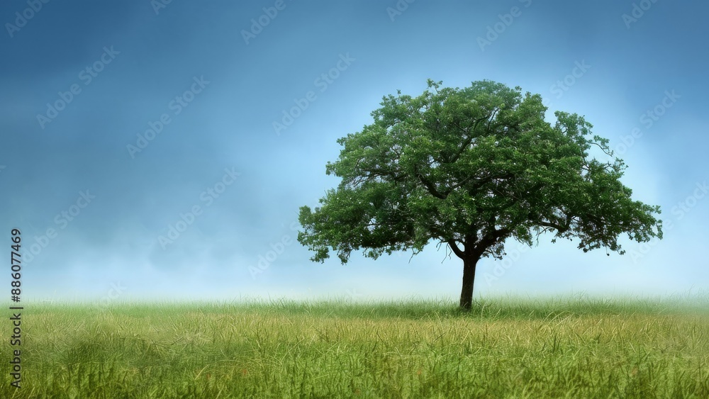 Tree in a meadow with cloudy sky - 3D render. Tree in a meadow with cloudy sky - 3D render.